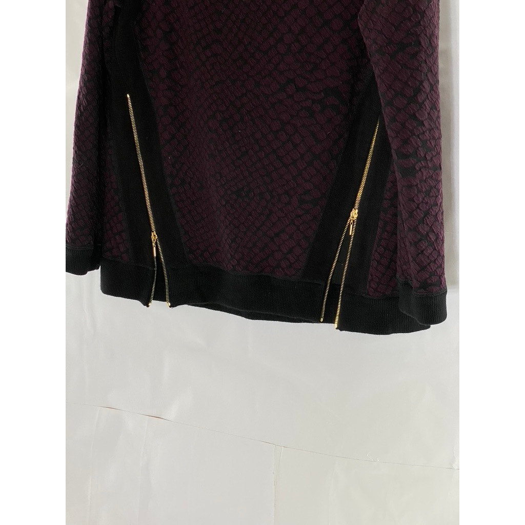 REBECCA TAYLOR Women's Wine-Black Animal Print Crewneck Moto Zip Sweater SZ 10
