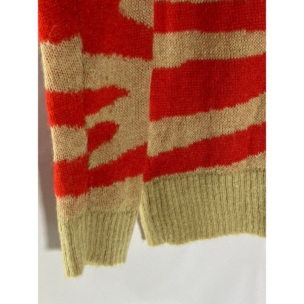 CLUB MONACO Women's Tan-Red Zebra Striped Crewneck Knit Pullover Sweater SZ S