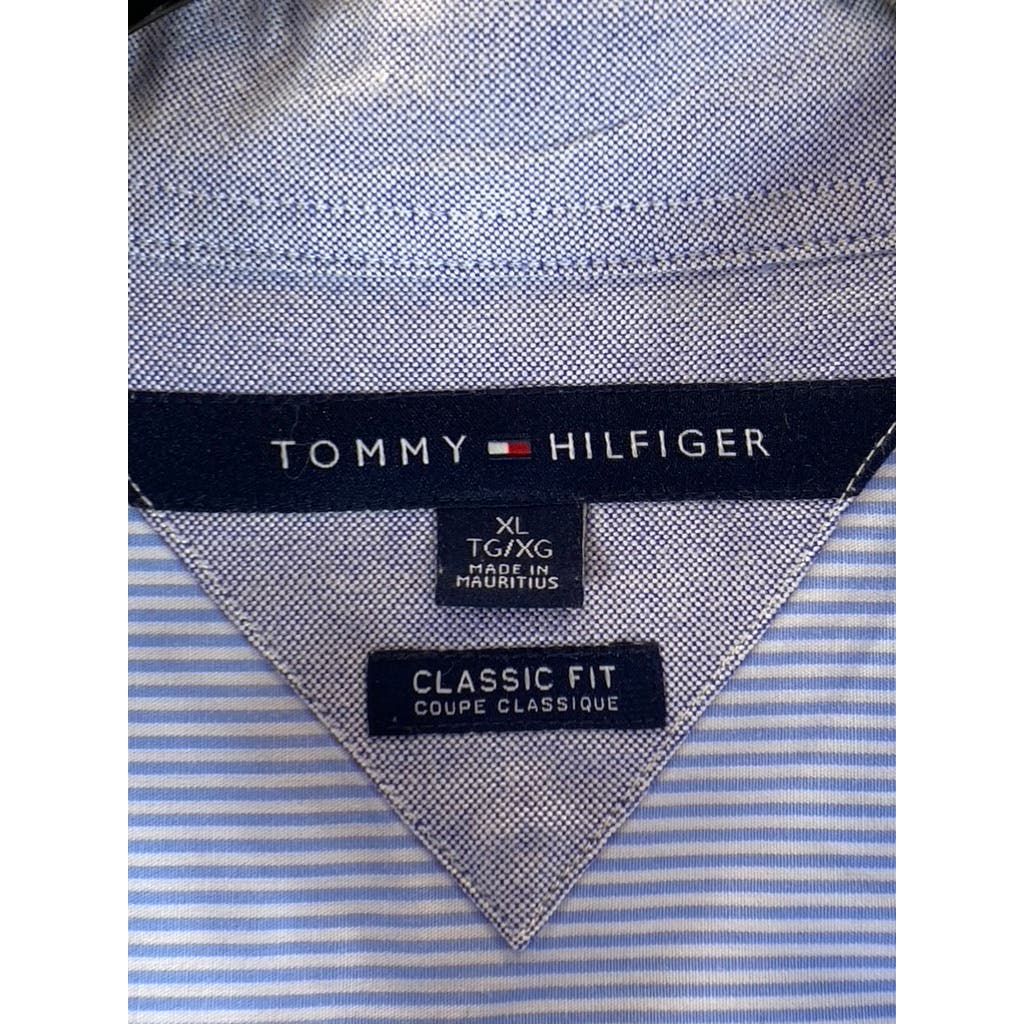 TOMMY HILFIGER Men's Light Blue Striped Classic-Fit Button-Up Shirt SZ XL