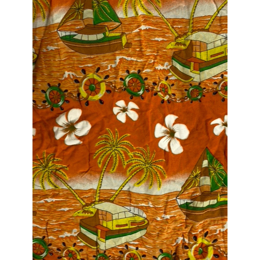 WOMEN'S Orange Tropical Floral Sailboat Print Button-Up Short Sleeve Top SZ 2XL