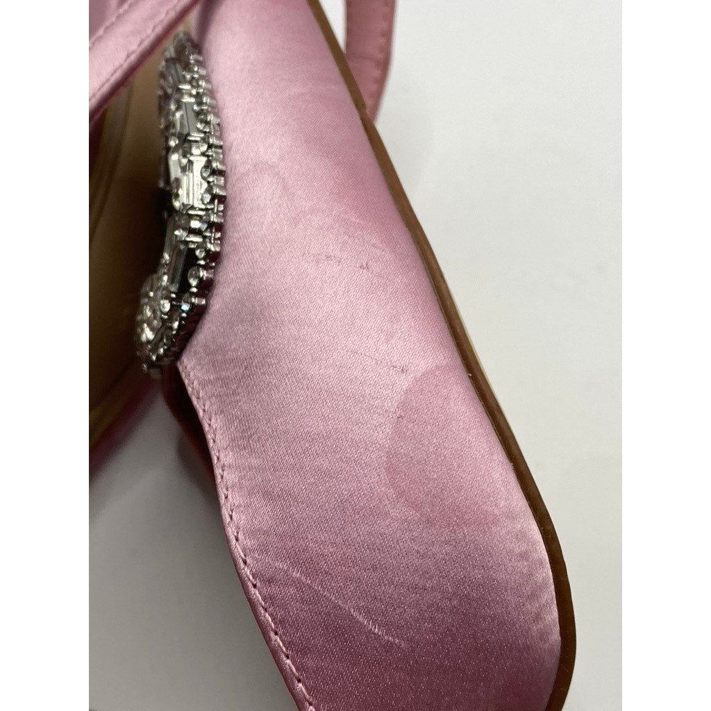 PRIMARK Women's Pink Satin Rhinestone Heart Pointed Toe Stiletto Sandals SZ 7