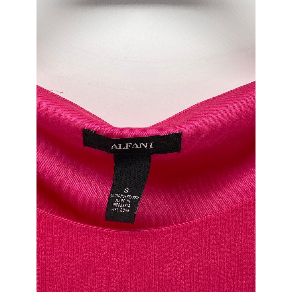 ALFANI Women's Pink Scoop-Neck Pleated Sheer Long Sleeve Bubble-Hem Top SZ 8
