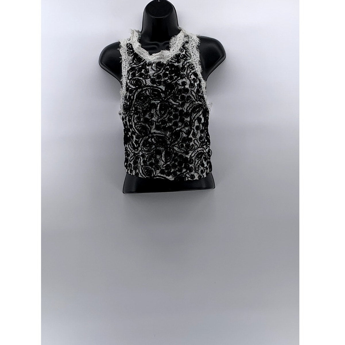 ZARA TRAFALUC Women's Black-White Lace Crewneck Sleeveless Back-Zip Tank Top SZL