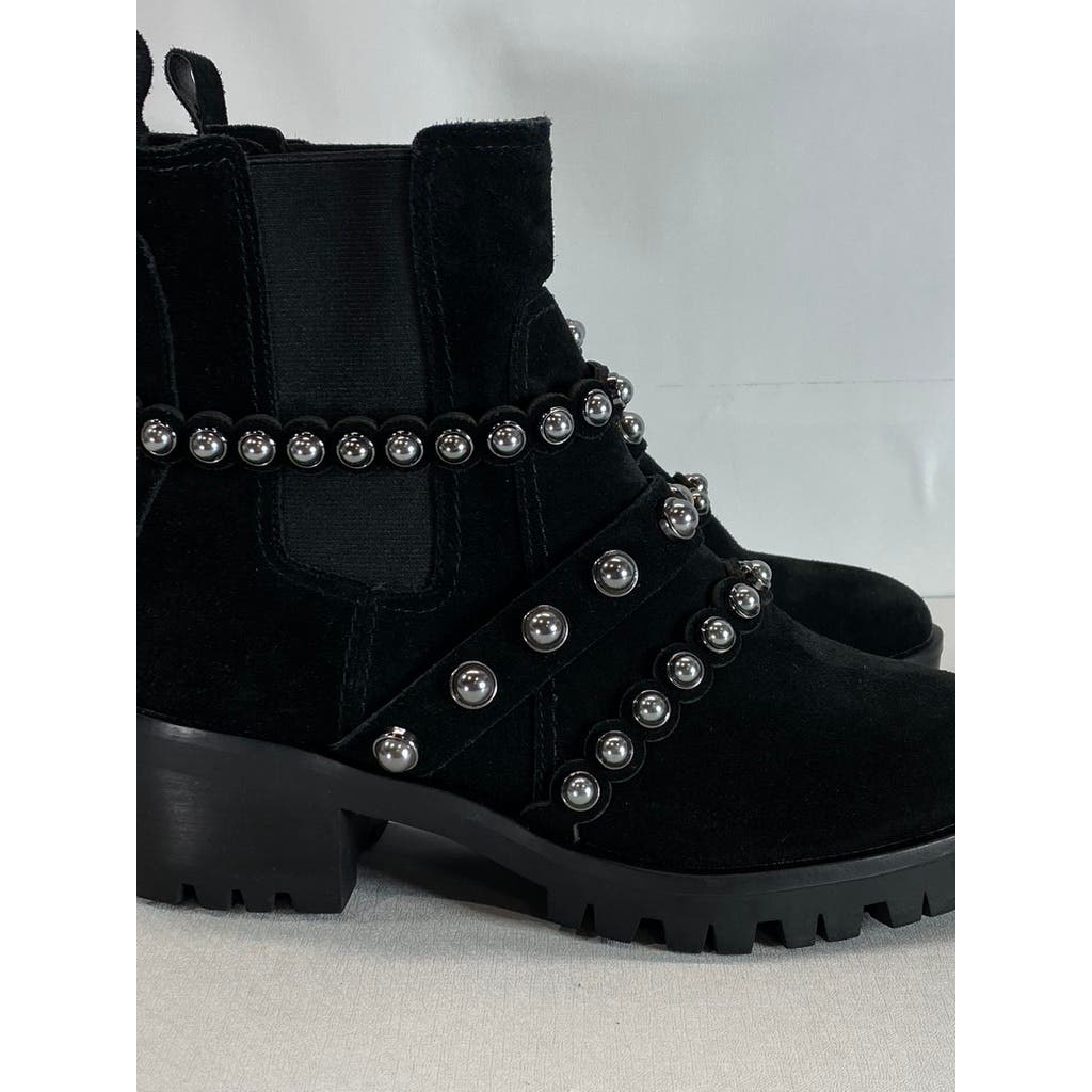 KARL LAGERFELD PARIS Women's Black Pia Faux Pearl Studded Chelsea Boots SZ 7.5