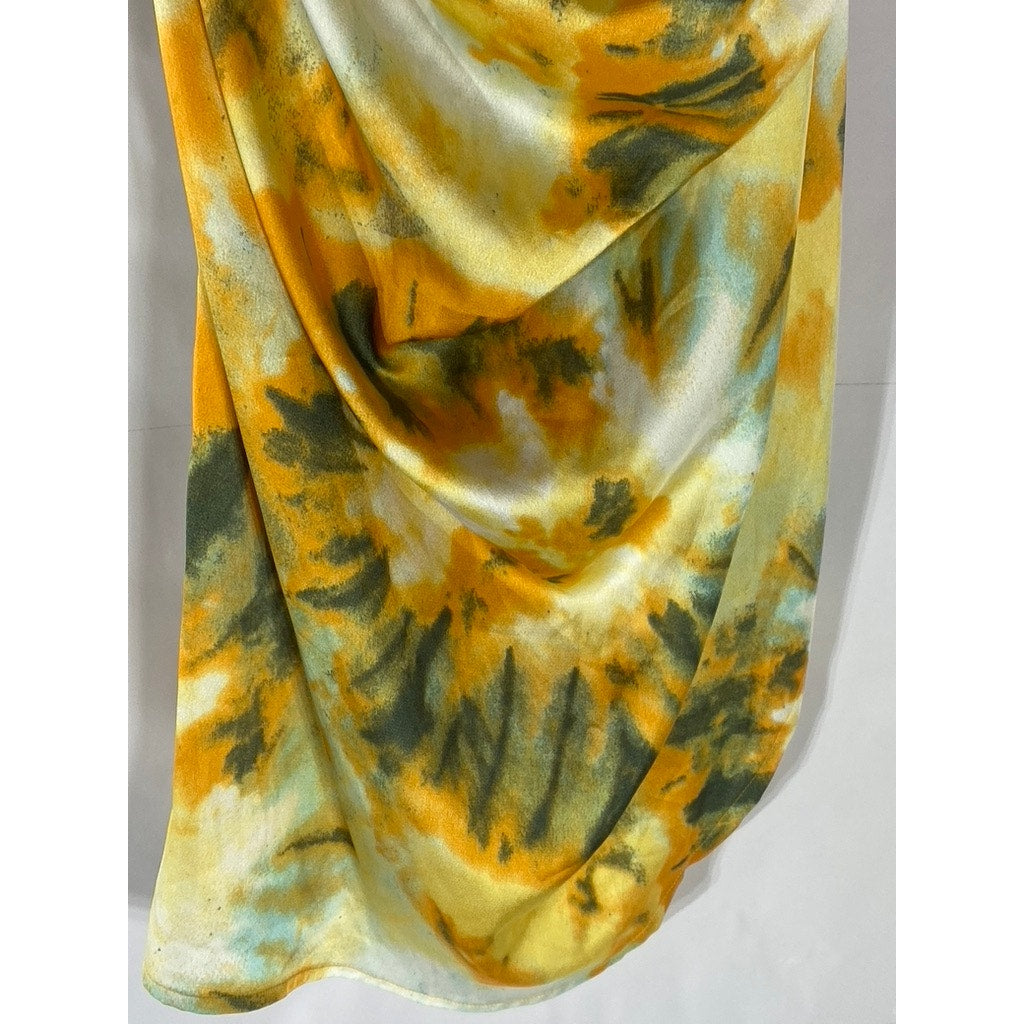 PRETTY LITTLE THINGS Women's Orange Tie-Dye Ruched Side Midi Pull-On Skirt SZ 12