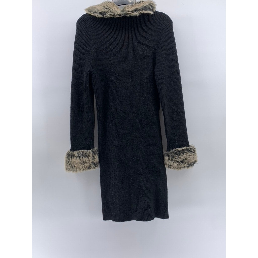CHRISTIE & JILL Women's Vintage Black Rib Faux Fur Long Sleeve Long Duster SZ L
