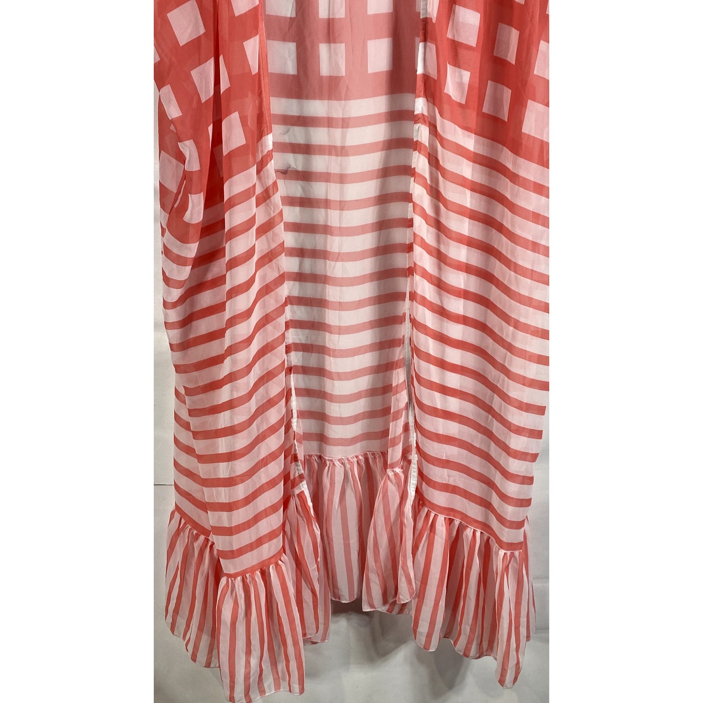 Women's Red/White Square-Striped Printed Ruffle-Hem Open-Front Cardigan SZ OS