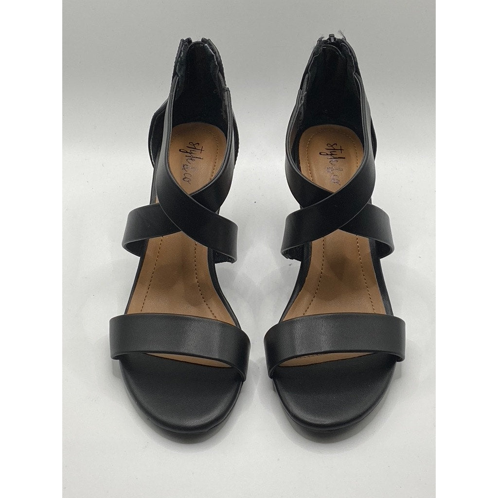 STYLE & CO. Women’s Black Faux-Leather Paysonn  Criss-Cross Open-Toe Heels SZ 6