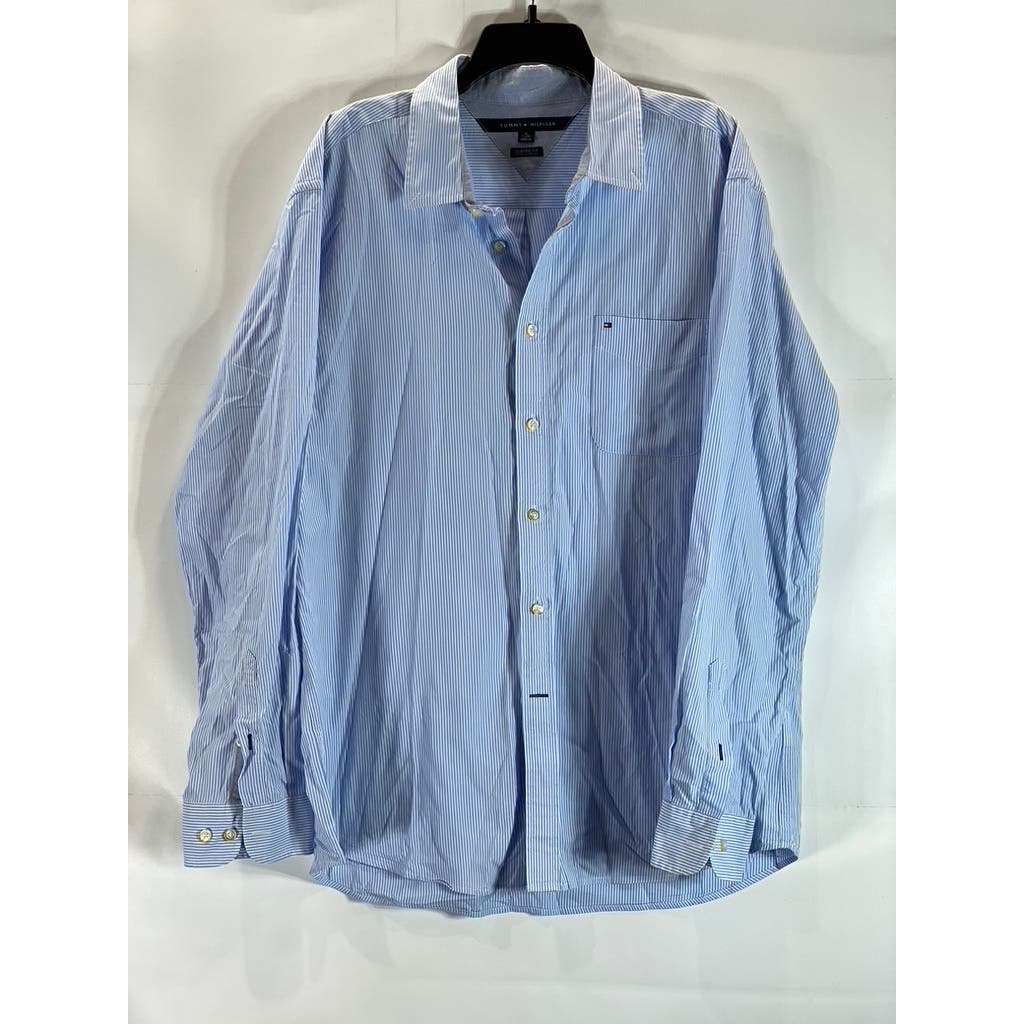 TOMMY HILFIGER Men's Light Blue Striped Classic-Fit Button-Up Shirt SZ XL