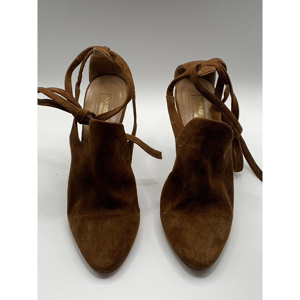 AQUAZZURA Women's Dark Brown Suede Leather Round-Tie Stiletto Heels SZ 40(US10)