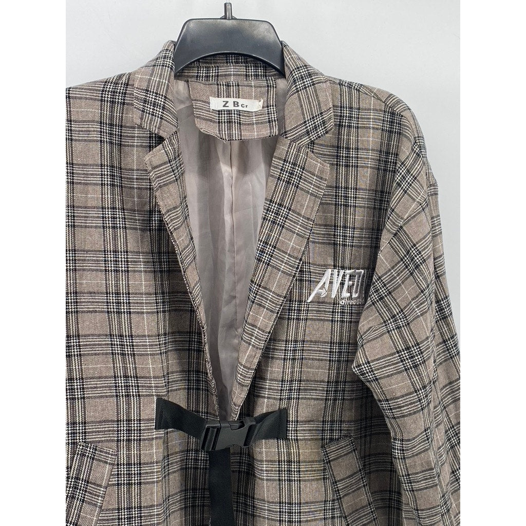 ZBCR Women's Tan-Black Plaid Buckle Closure Notch Collar Blazer SZ M
