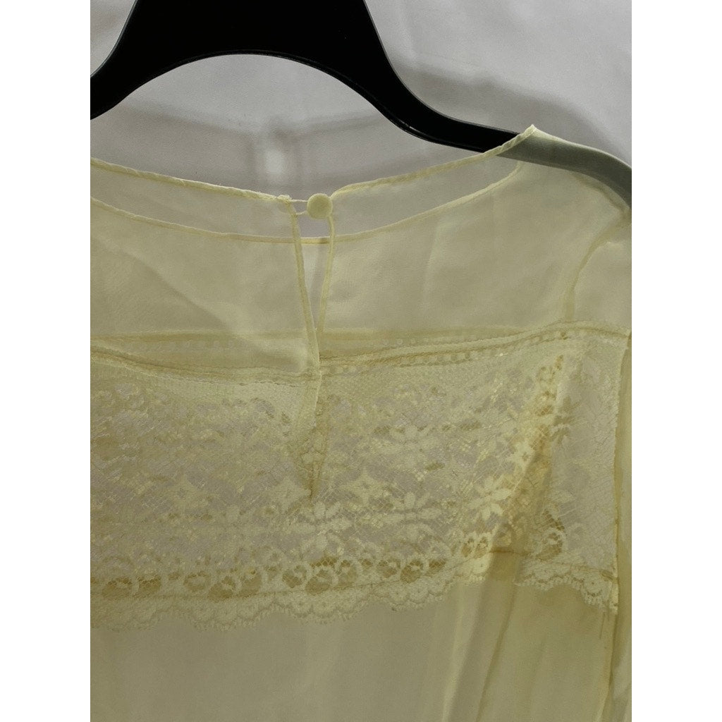 UNBRANDED Women's Cream Sheer Ruffle Lace Trim Long Sleeve Blouse SZ M