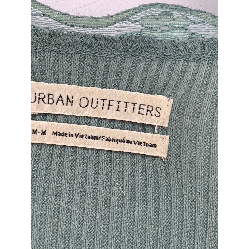 URBAN OUTFITTERS Women's Dusty Green Ribbed Lace-Trim Button-Down Top SZ M