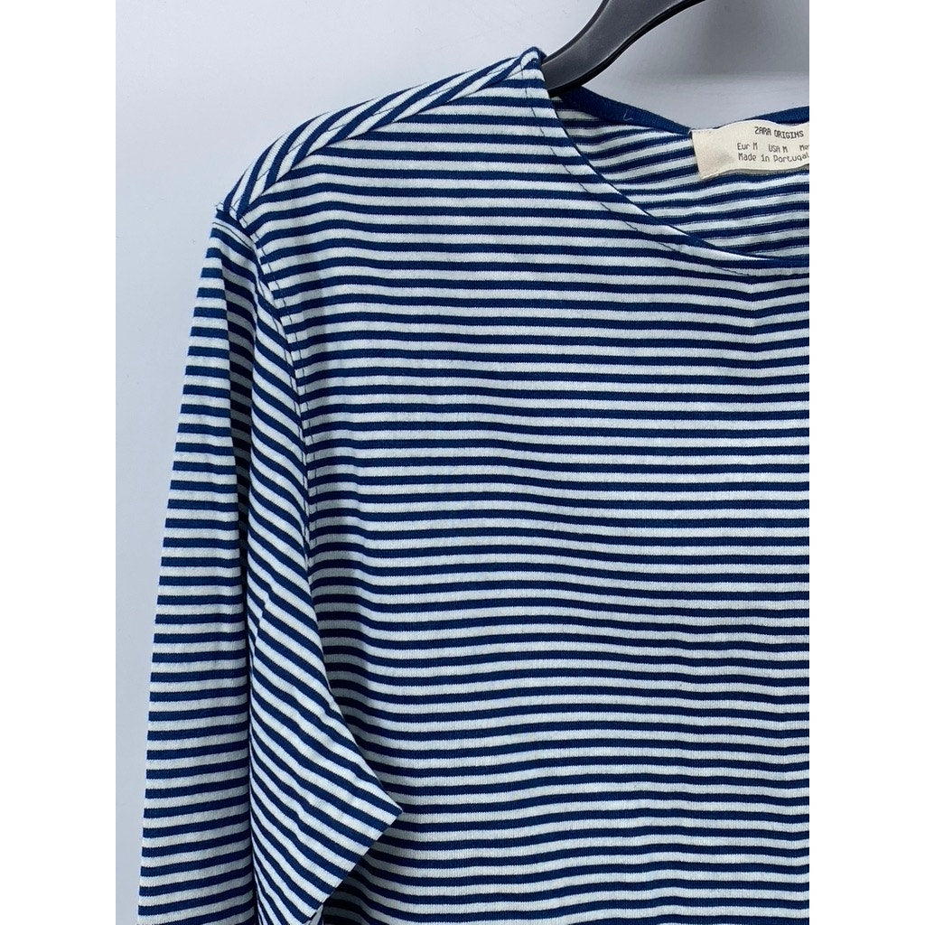 ZARA ORIGINS Women's Blue-White Horizontal Stripe Crewneck Long Sleeve Top SZ M