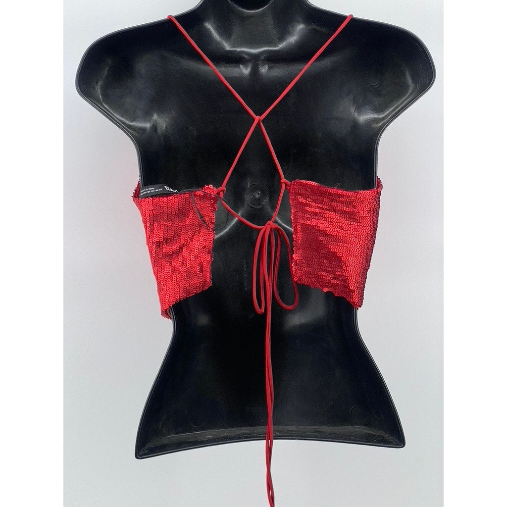 ZARA Women's Red Sequin Cowl-Neck Spaghetti Strap Cross Back Cropped Top SZ XS