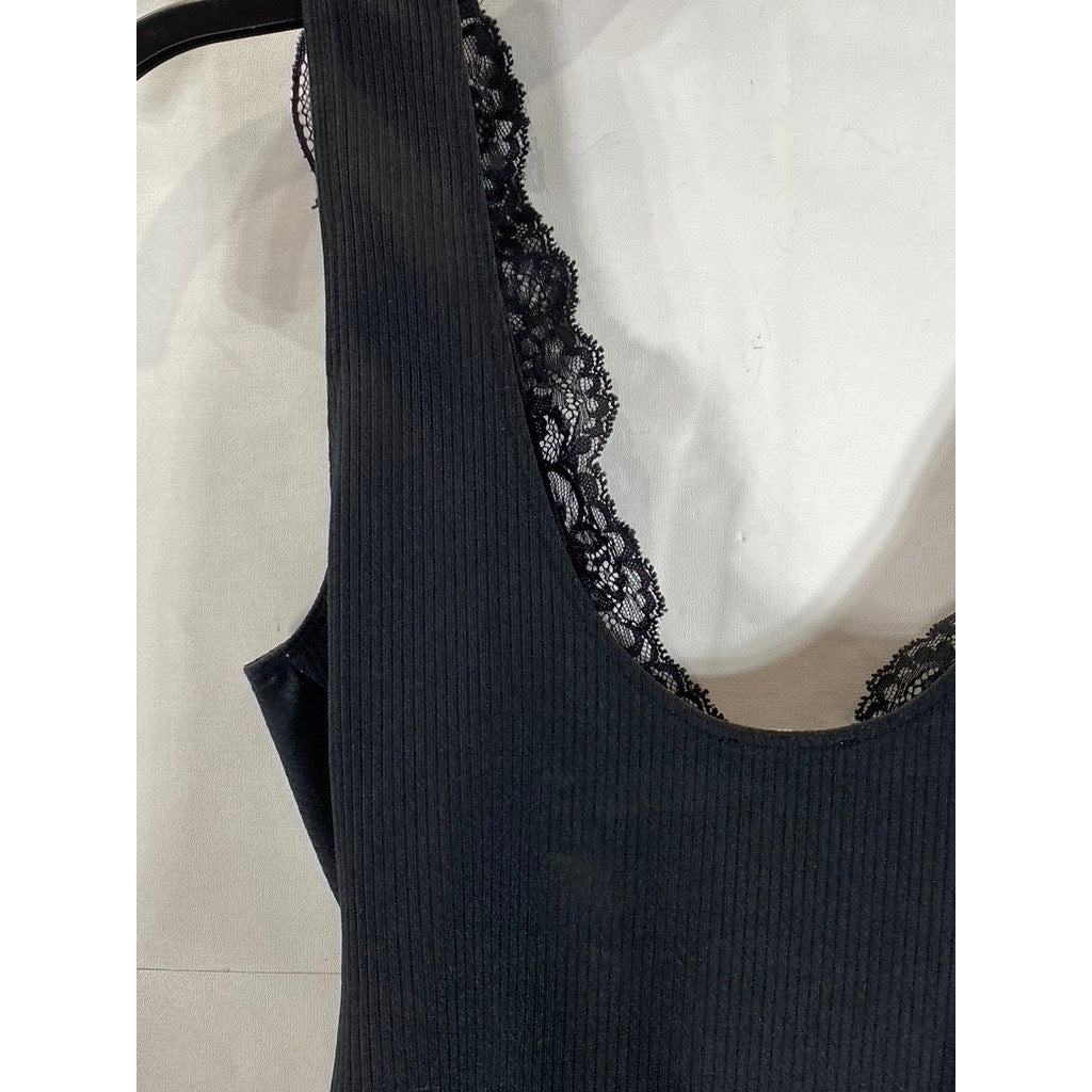 FREE PEOPLE Women's Black First Call V-Neck Lace-Trim Ribbed Thong Bodysuit SZXS