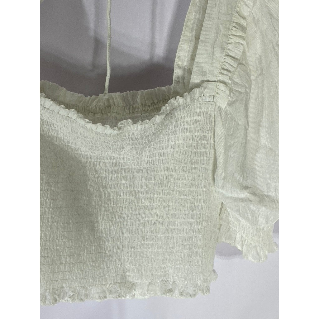 H&M Women's White Smocked Conscious Choice Puff-Sleeve Crop Top SZ S