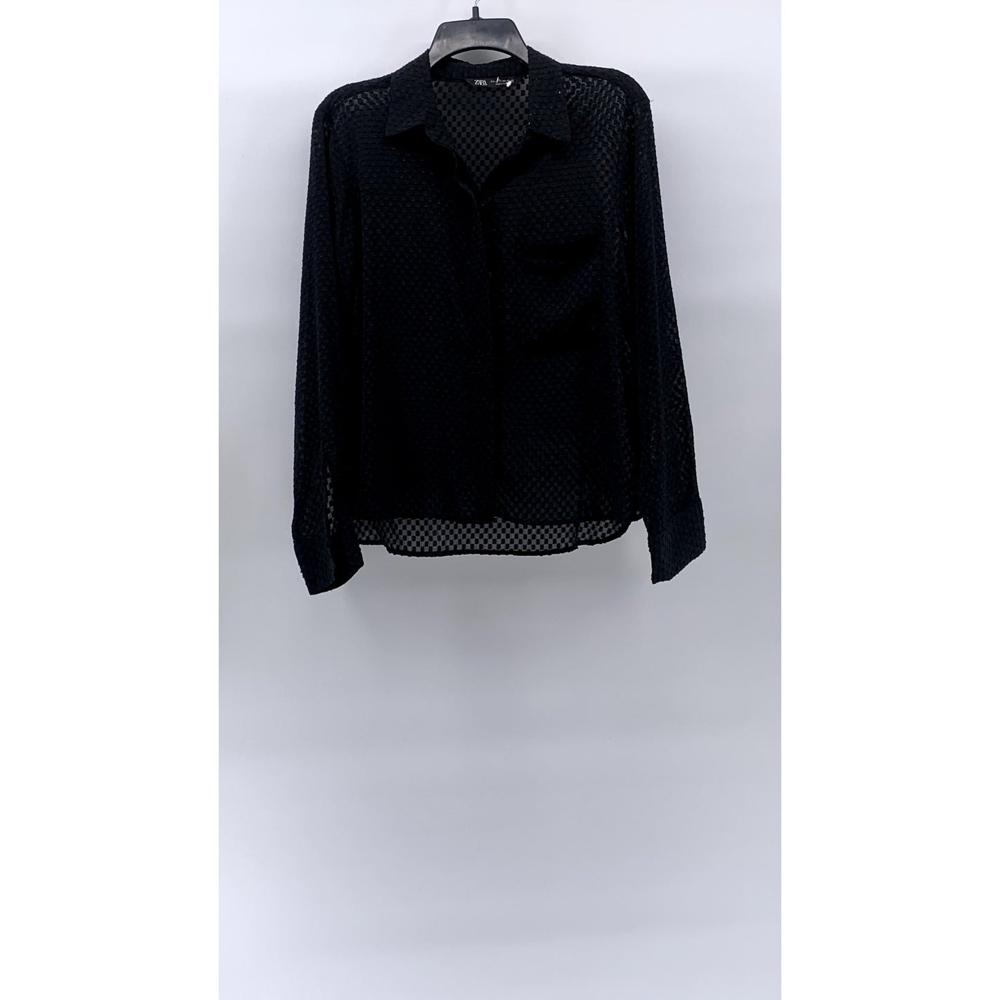 ZARA Women’s Black Sheer Mini Checkered Long Sleeve Button-Up Top SZ L