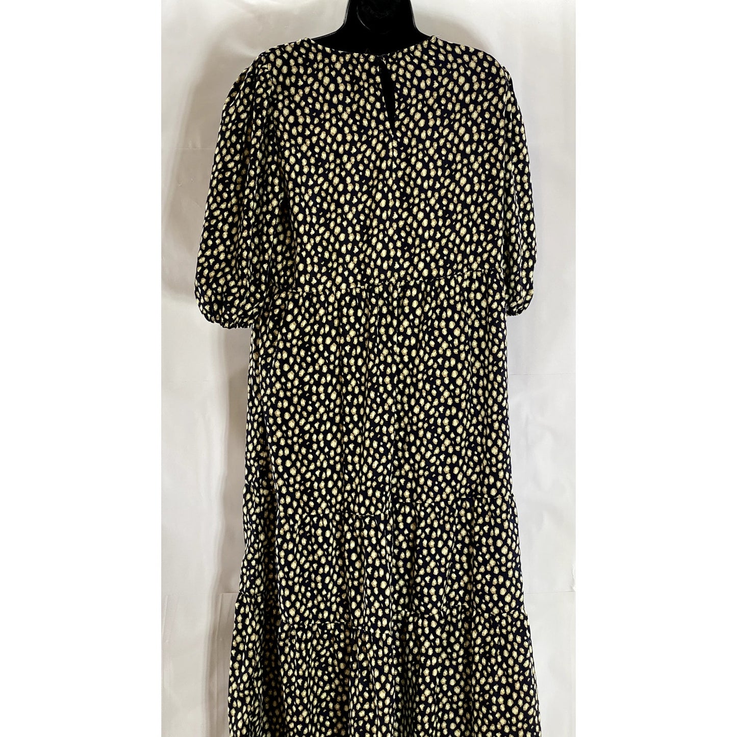 CALISTA Women's Navy Printed Crewneck Puff-Sleeve Tiered Midi Dress SZ L