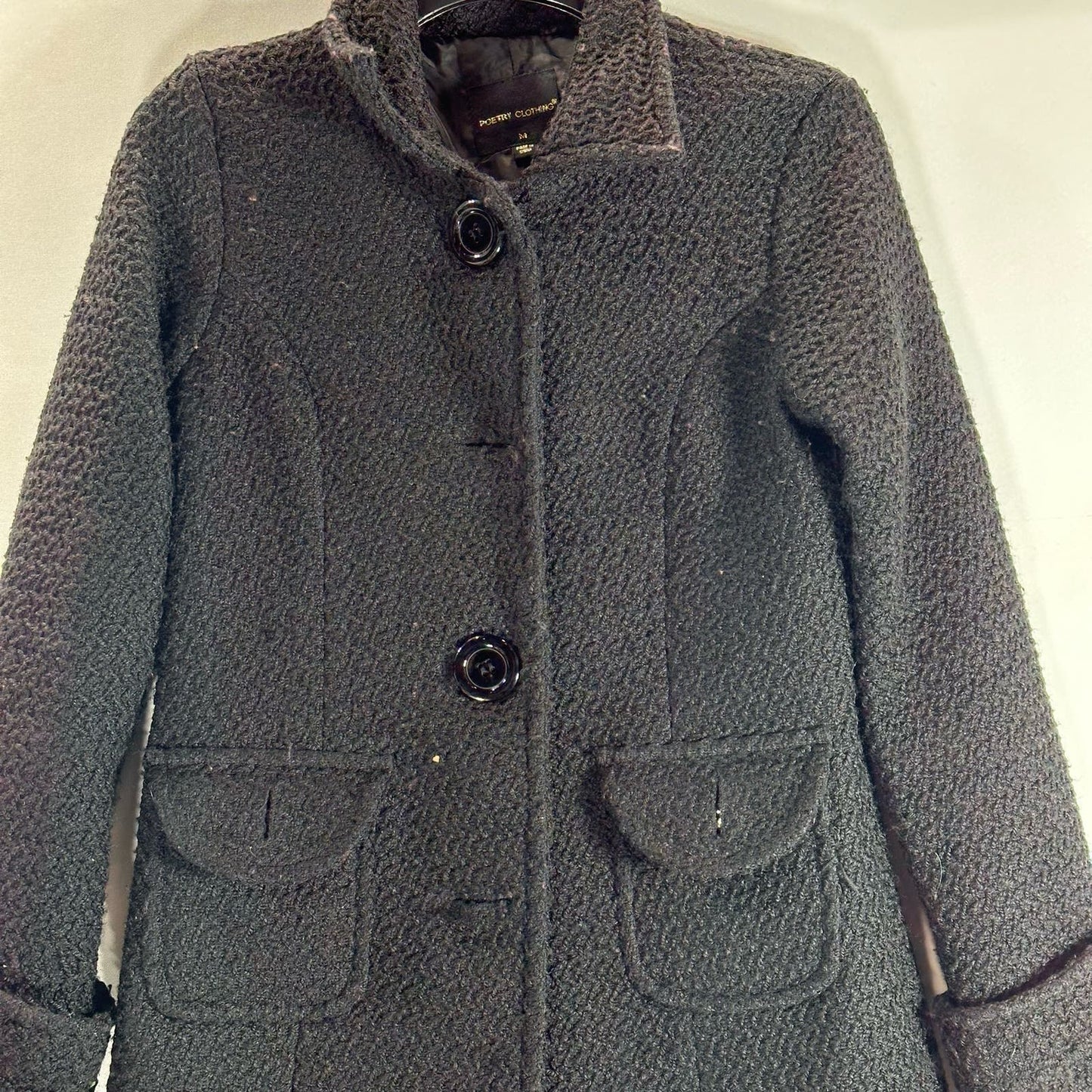 POETRY CLOTHING Women's Black Textured Four-Button Collar Coat SZ M