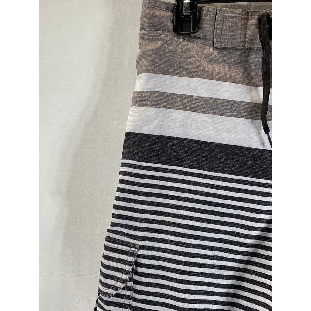 MONUMENT Men's Gray/Black Striped Elastic Drawstring Pull-On Board Shorts SZ S