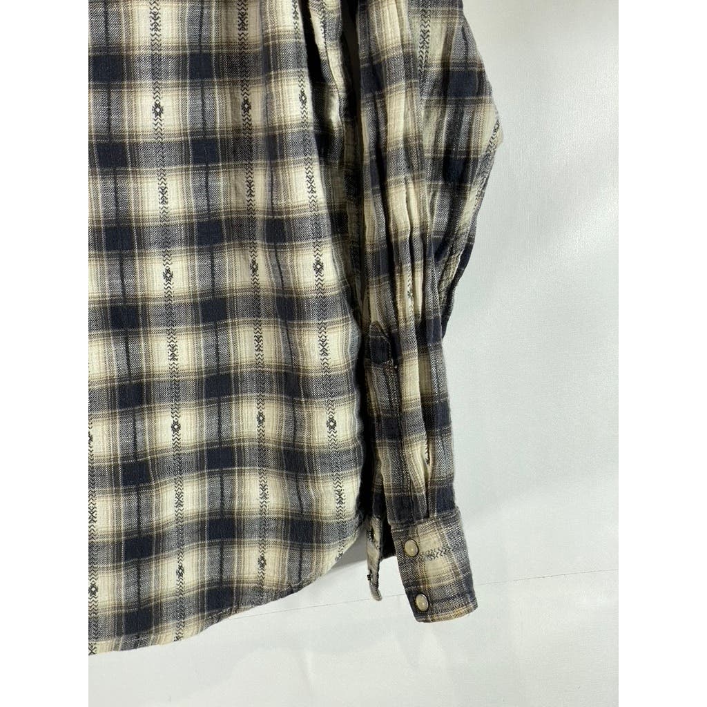 LUCKY BRAND Men's Cream/Gray Plaid Snap Button-Up Long Sleeve Western Shirt SZ L
