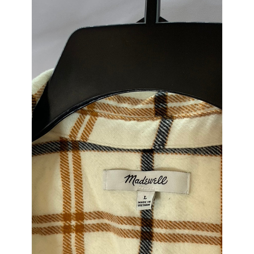 MADEWELL Women's Cream Plaid Flannel Oversized Button-Up Boyfriend Top SZ L