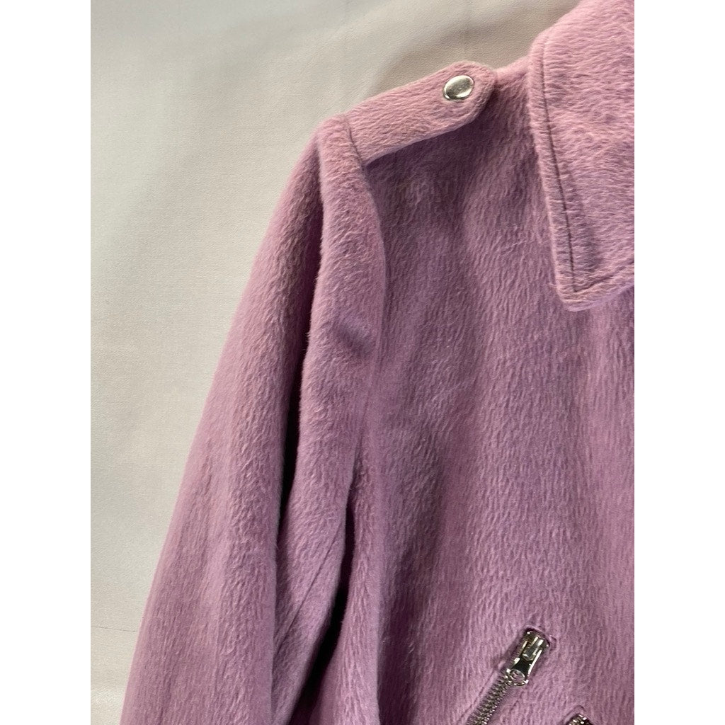 FOREVER 21 Women's Pink Plush Asymmetrical Motorcycle Cropped Jacket SZ L