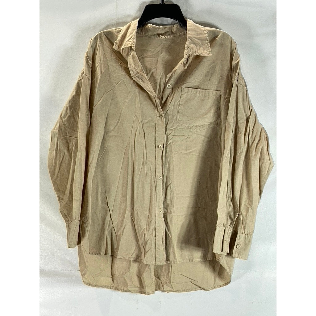 COTTON:ON Women's Tan Oversized-Fit Button-Up Long Sleeve Patch Pocket Top SZ XS