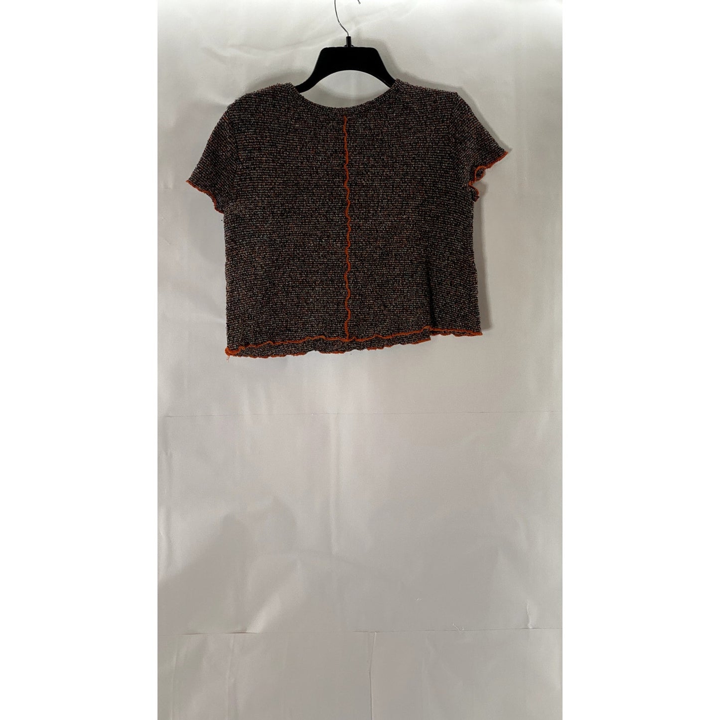 ZARA TRAFALUC Women's Brown/Orange Overstitch Lettuce-Trim Knit Crop Top SZ S