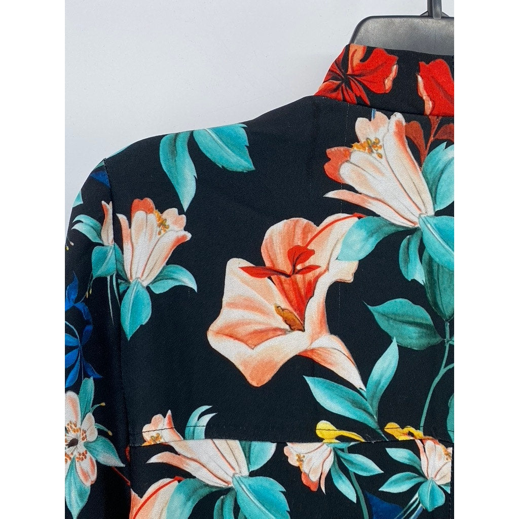 ZARA TRF OUTERWEAR Women’s Black-Multi Floral Open-Front Long Blazer SZ S