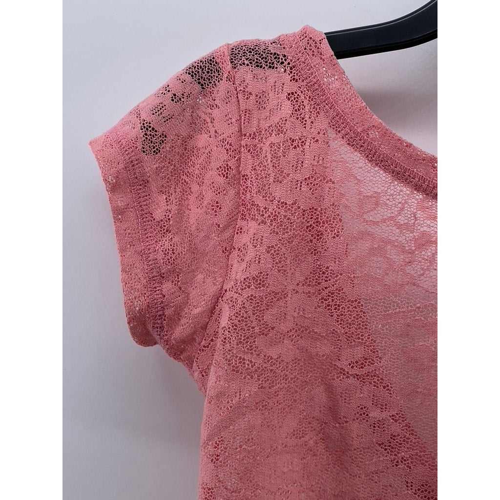 UNBRANDED Women's Light Pink Crewneck Lace Short Sleeve Cropped Top SZ XS