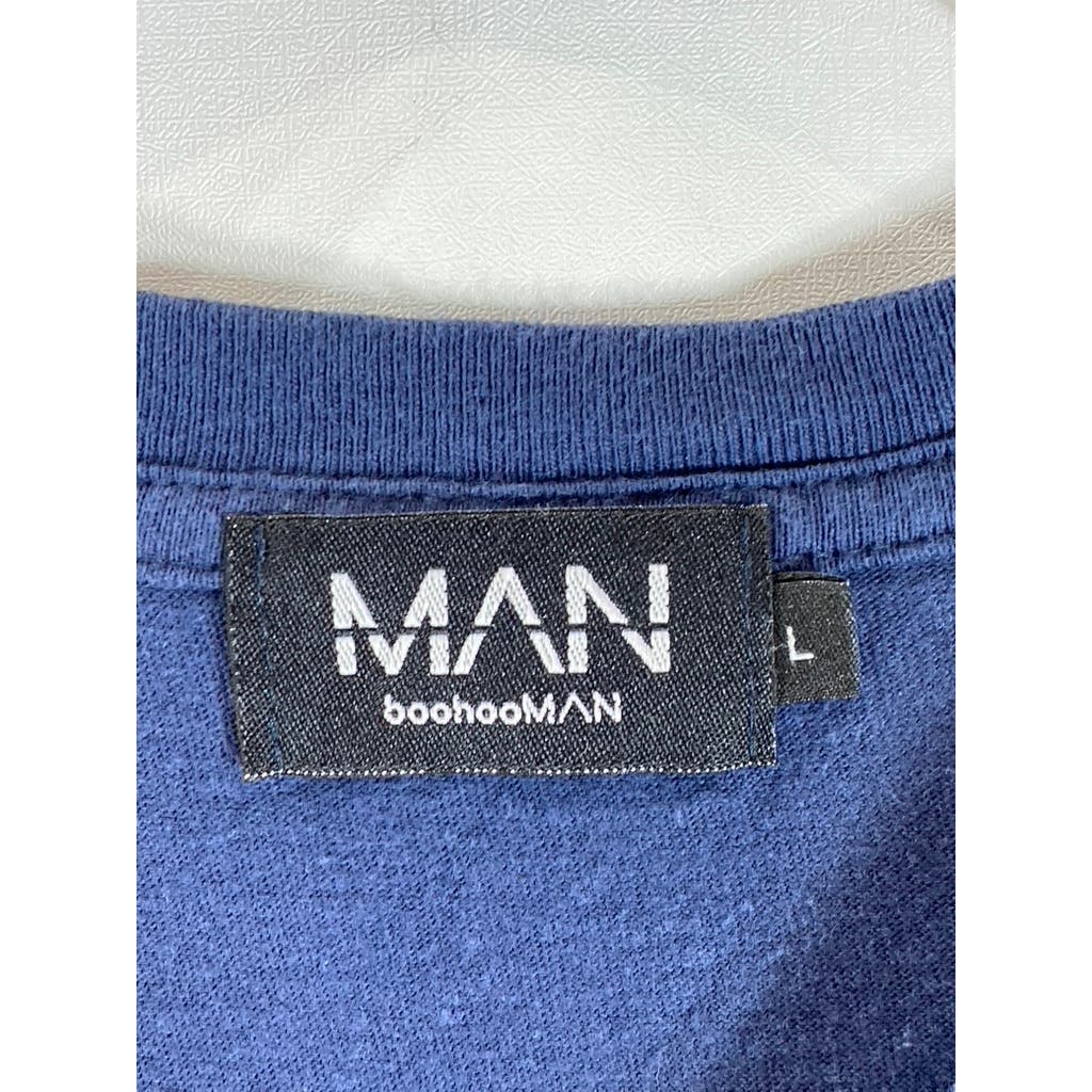 BOOHOO Men's Navy Crewneck Oversized Tonal Drip Face Graphic T-Shirt SZ L
