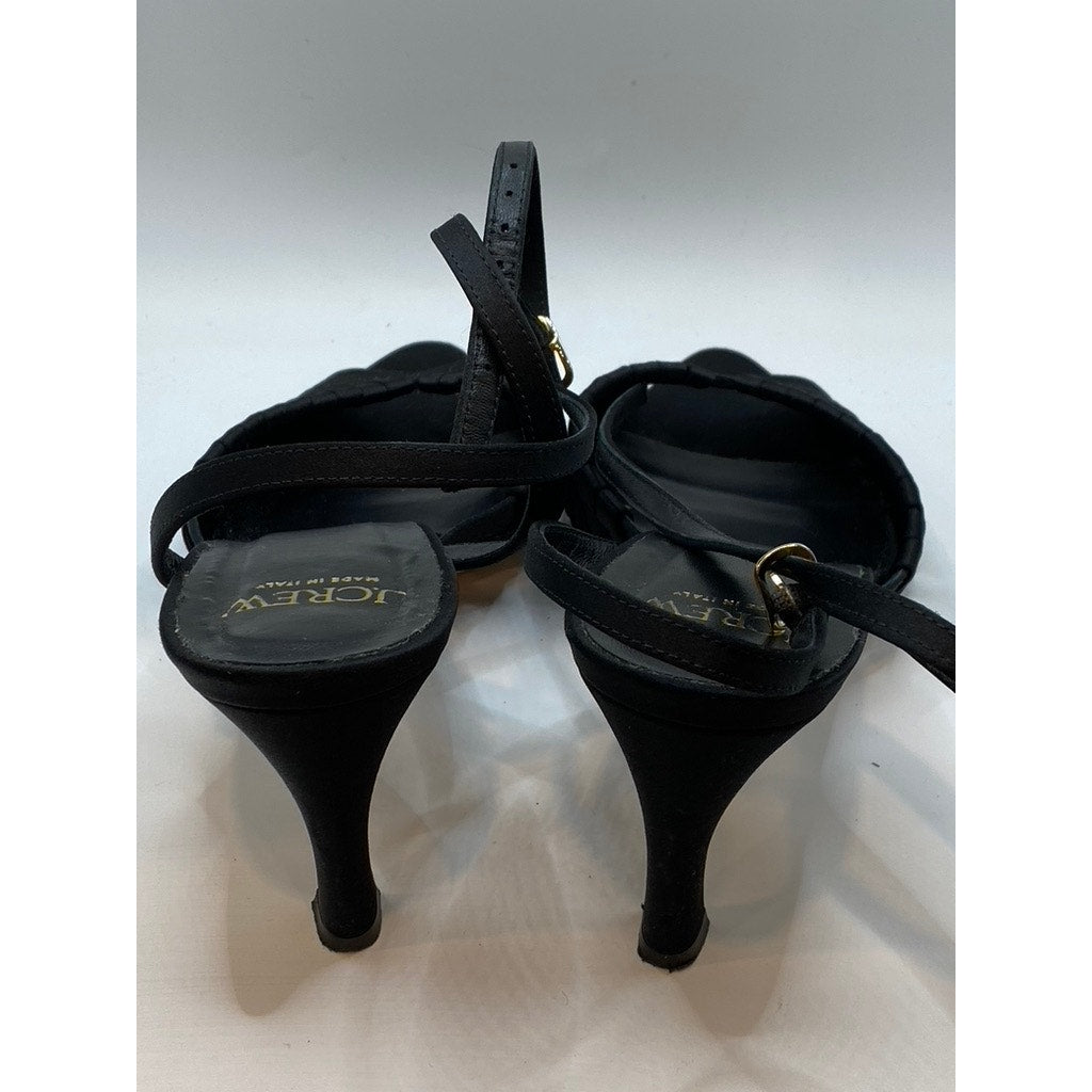 J.CREW Women's Black Satin Strappy Peep-Toe Ankle Strap Heeled Sandals SZ 8.5