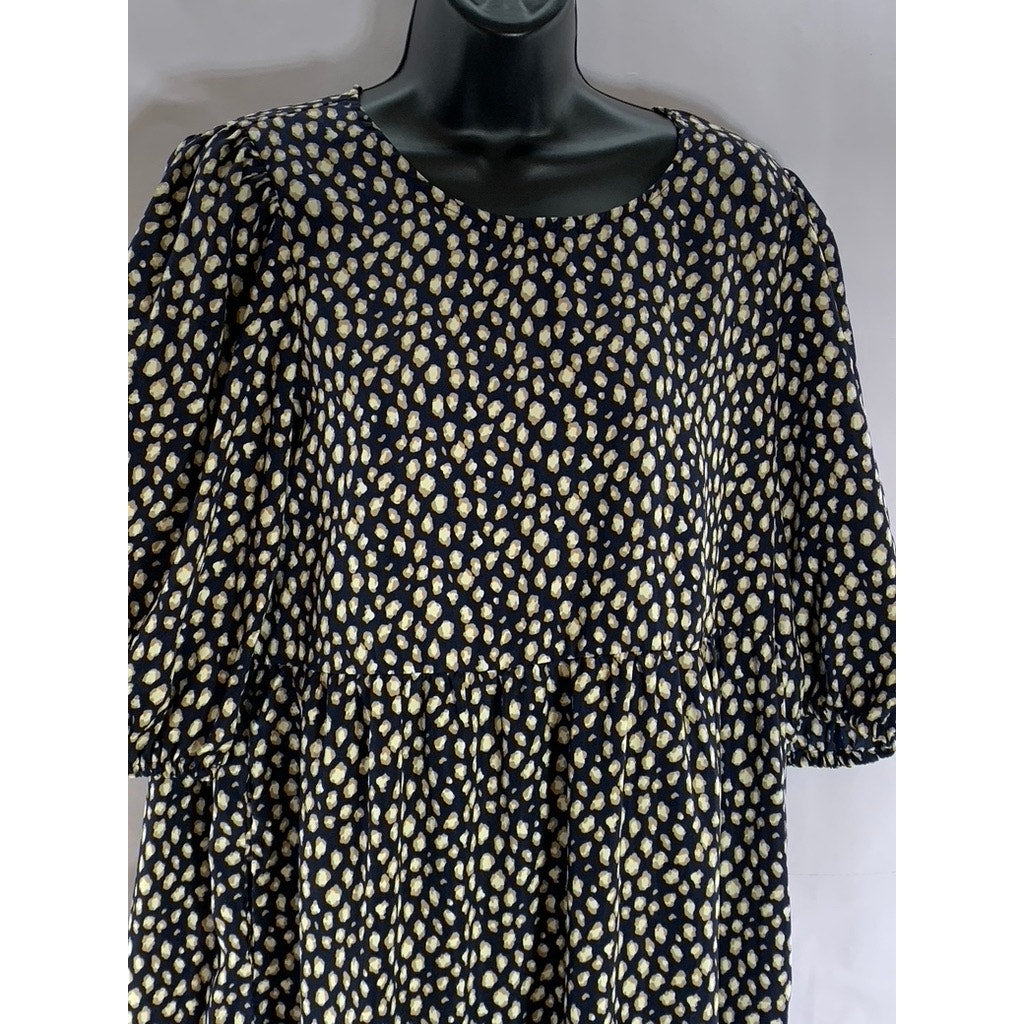 CALISTA Women's Navy Printed Crewneck Puff-Sleeve Tiered Midi Dress SZ L
