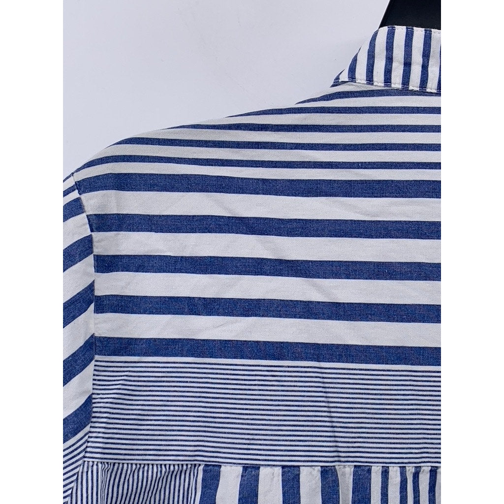 UNBRANDED Women's Blue-White Striped Button-Up Short Sleeve Top SZ L