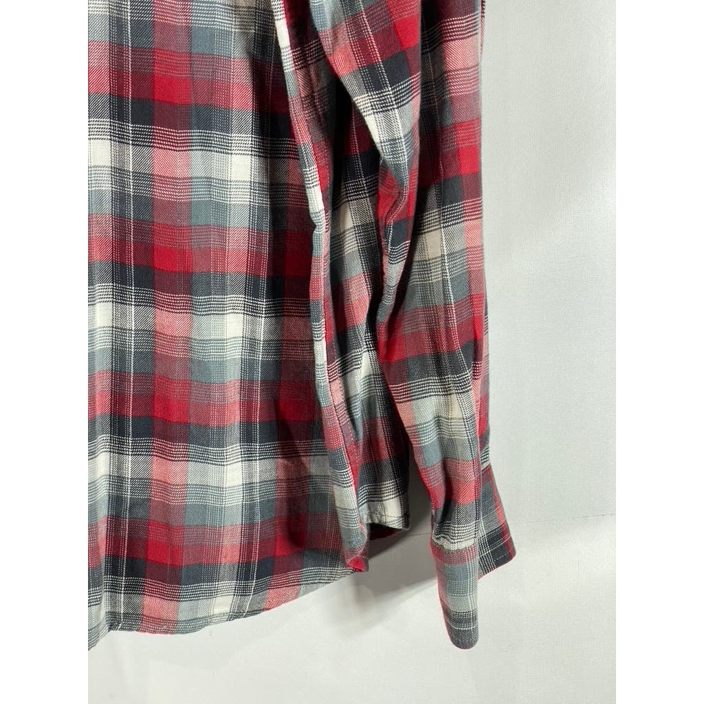 LUCKY BRAND Black Label Men's Red/Gray Plaid Classic-Fit Button-Up Shirt SZ L