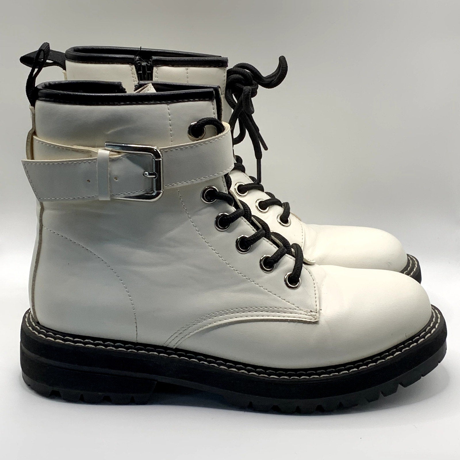 DUNES Women's White Chaplin Faux-Leather Side-Zip Lace-Up Combat Boots SZ 8.5