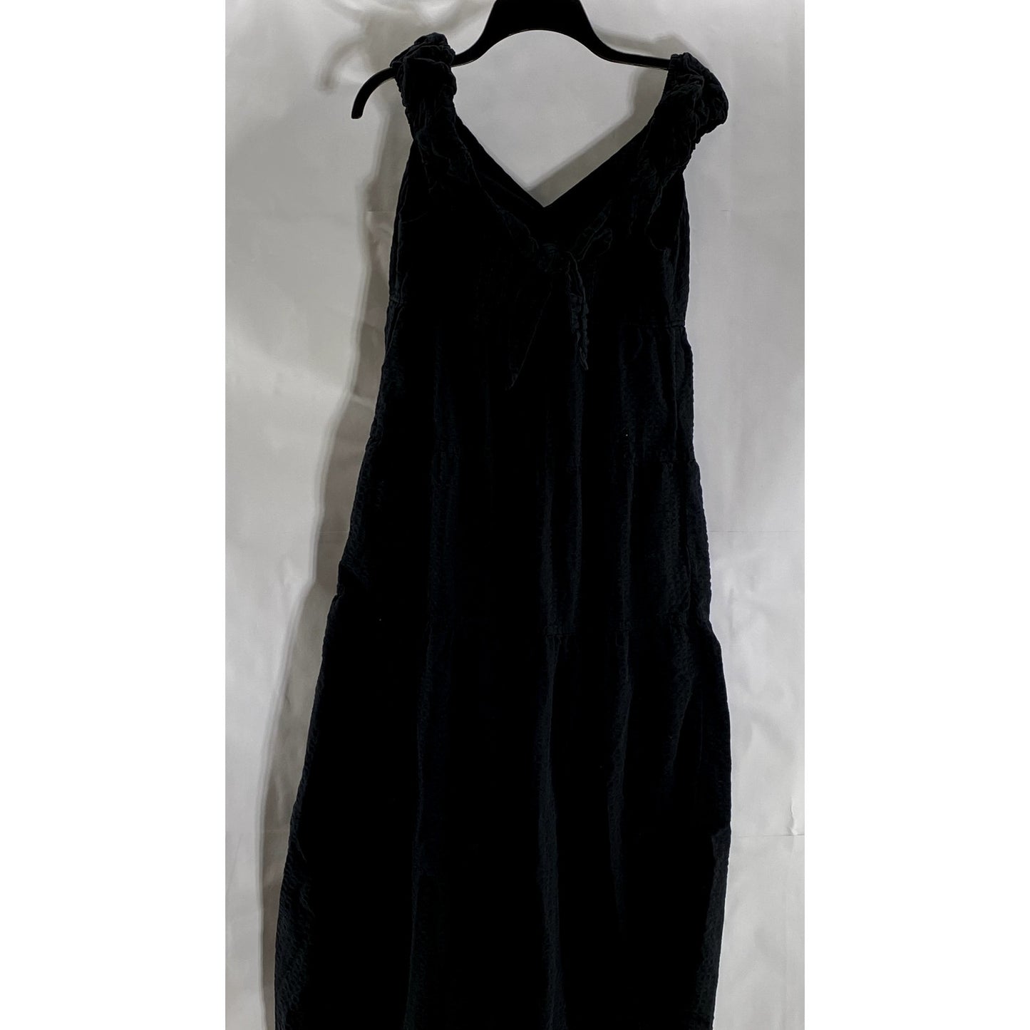 OLD NAVY Women's Black Solid V-Neck Ruffle-Sleeve Tie-Bust Tiered Maxi Dress SZM