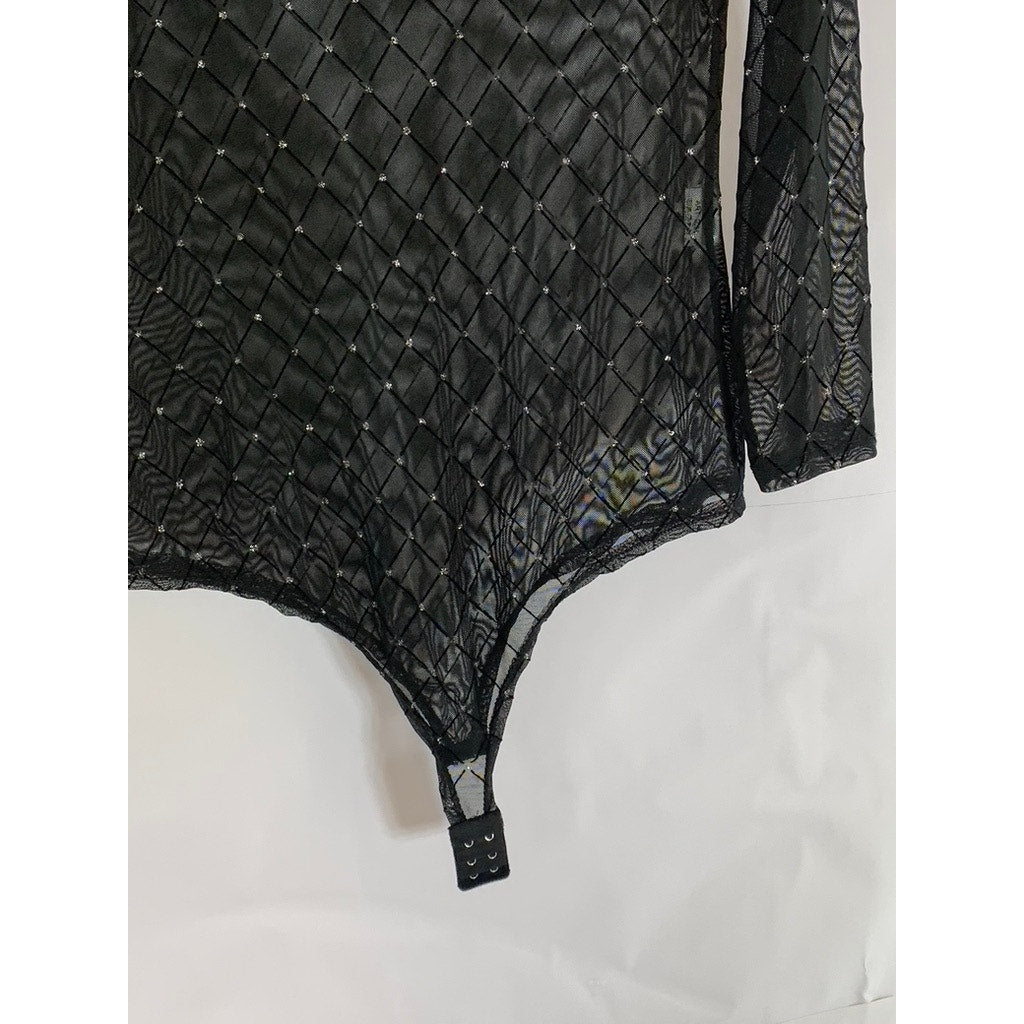 UNBRANDED Women's Black Mesh Glitter Diamond Detail Long Sleeve Bodysuit SZ S