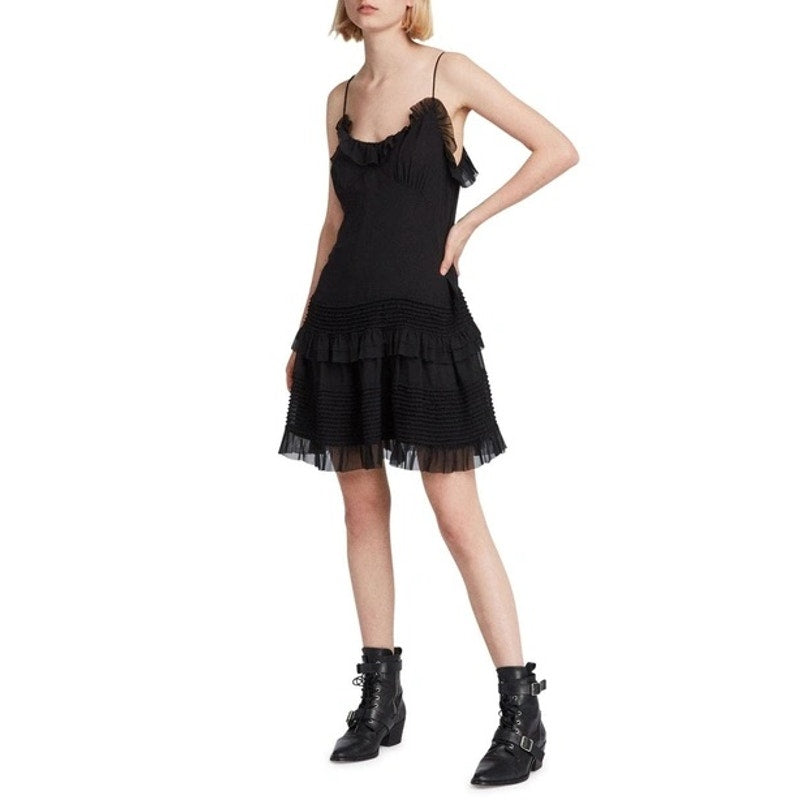 ALLSAINTS Women's Black Sanse Thin-Strap Smocked Tulle-Ruffle Mini Dress SZ 2