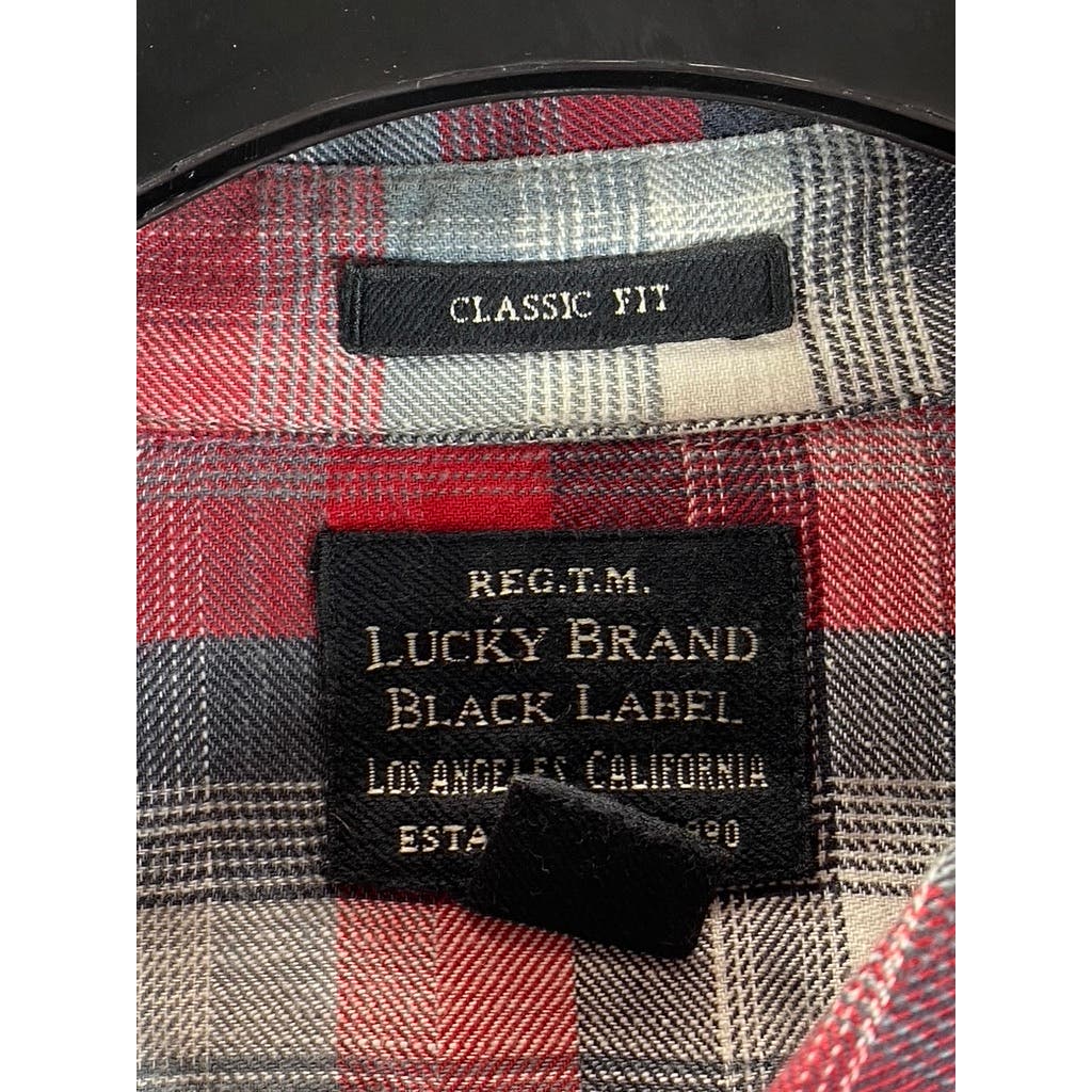 LUCKY BRAND Black Label Men's Red/Gray Plaid Classic-Fit Button-Up Shirt SZ L