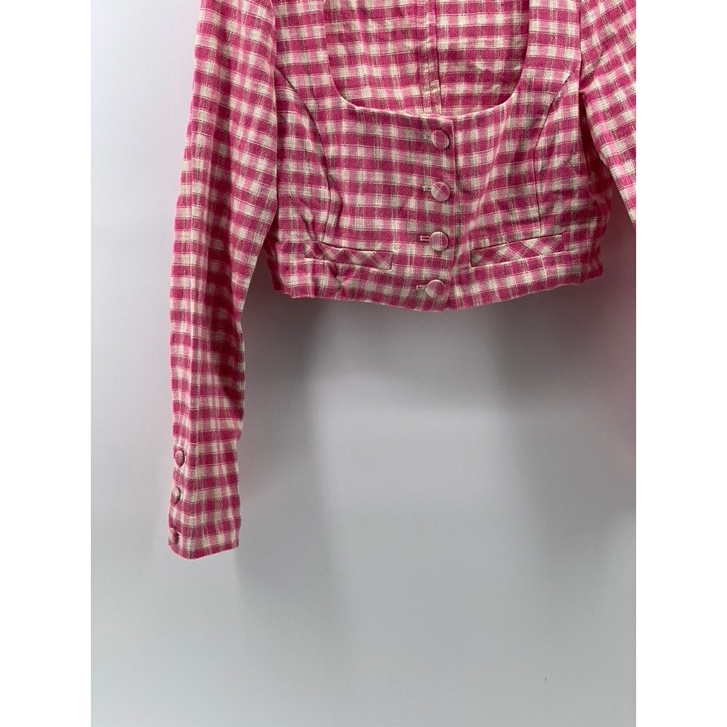 ZARA Women’s Pink Gingham Button-Up Straight Neck Long Sleeve Crop Top SZ M