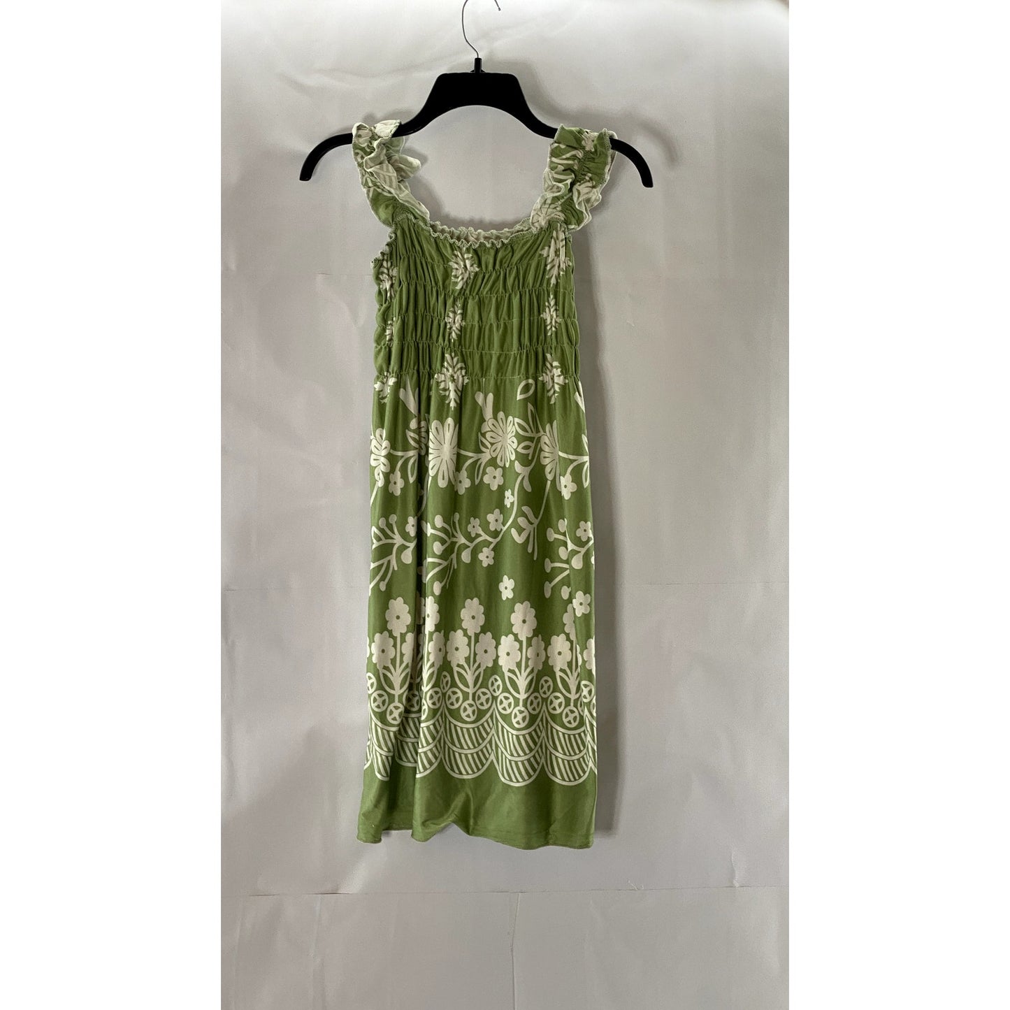 UNBRANDED Women's Green/White Floral Smocked Ruffle Sleeve Mini Dress SZ S
