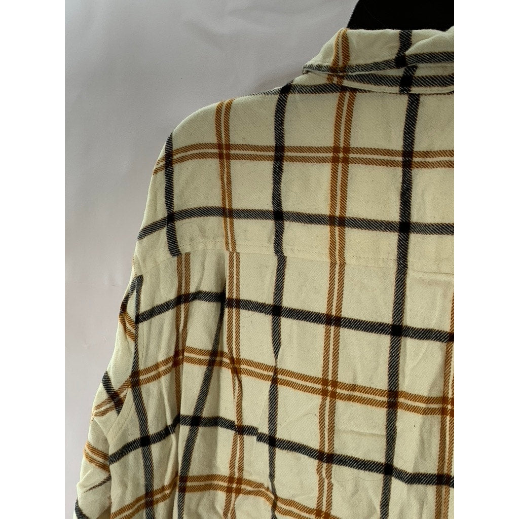 MADEWELL Women's Cream Plaid Flannel Oversized Button-Up Boyfriend Top SZ L