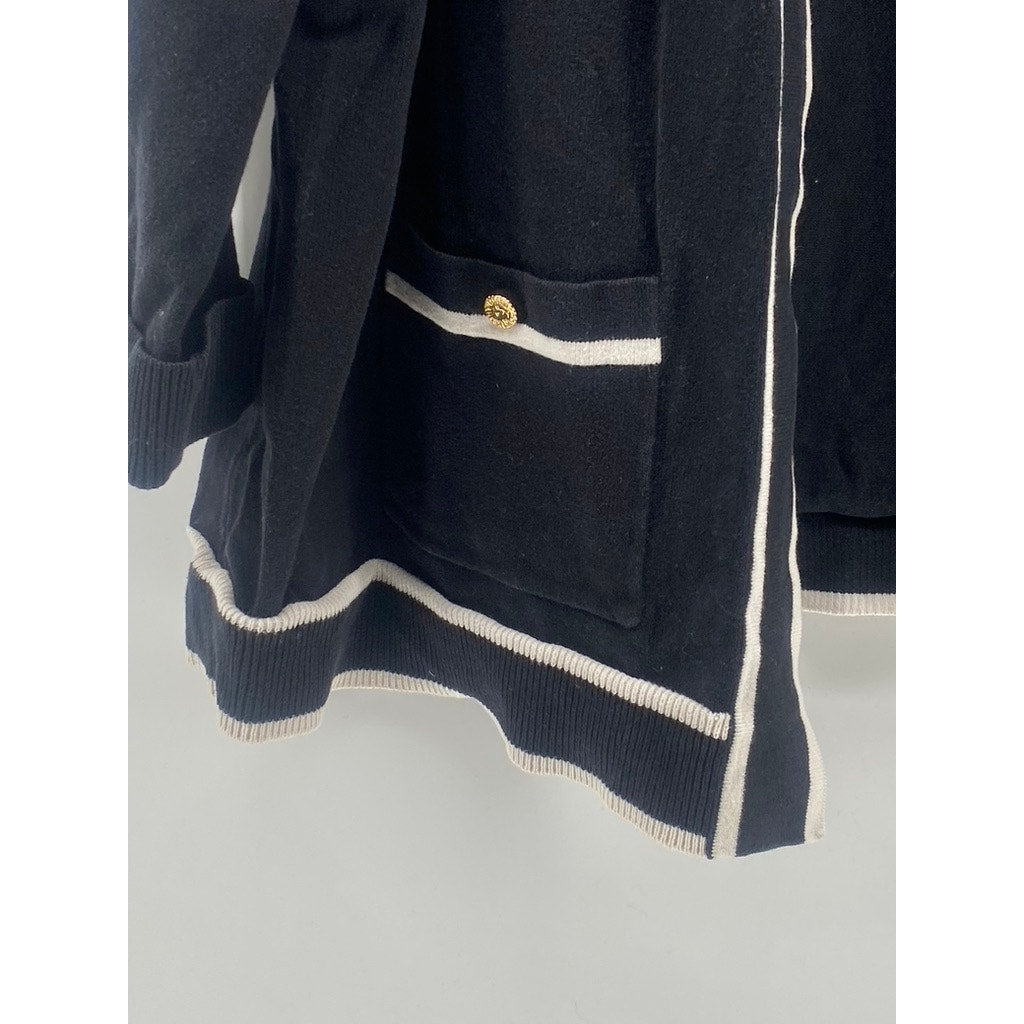 ANNE KLEIN Women's Black-White Malibu Open-Front Collarless Cardigan SZ M