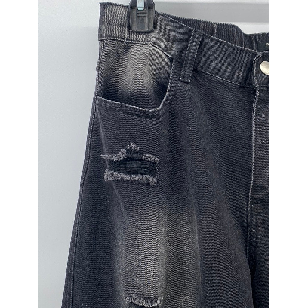 AMERICAN BAZI Women's Black Denim Distressed Baggy-Fit Wide-Leg Y2K Jeans SZ L