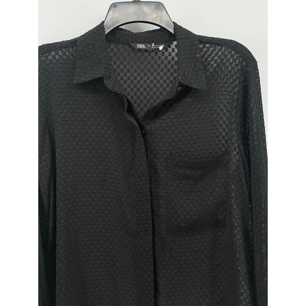 ZARA Women’s Black Sheer Mini Checkered Long Sleeve Button-Up Top SZ L