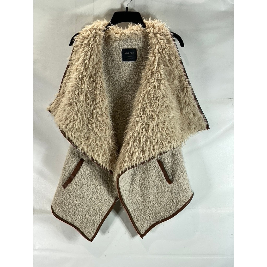 LOVE TREE Women's Beige/Brown Faux-Fur Sherpa Open-Front Vest SZ M