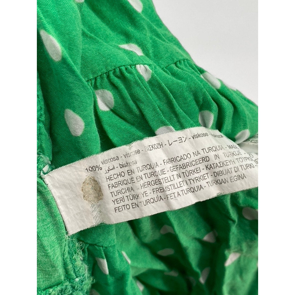 ZARA Women's Green-White Polka Dot Smocked V-Neck Button-Front Midi Dress SZ XS